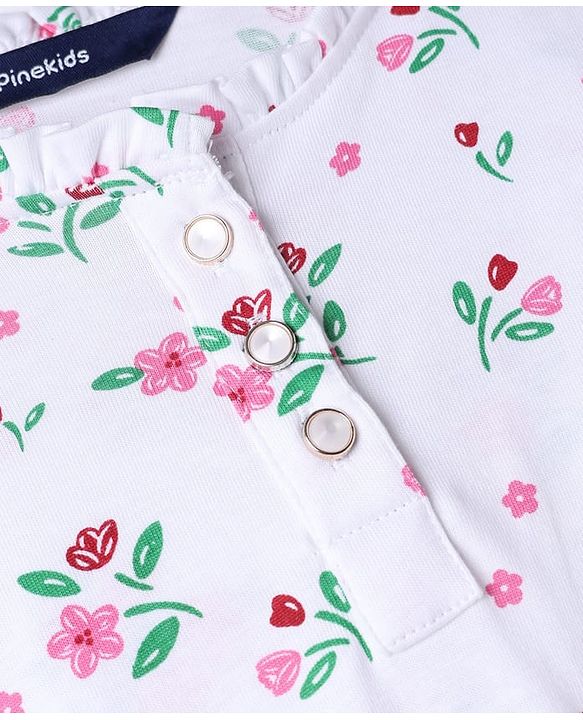 Pine Kids 100% Cotton Knit Fit & Flare Dress with Full Sleeves and Frill Details & Floral Print - White