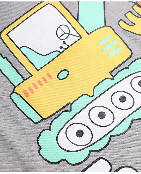 Babyhug 100% Cotton Knit Full Sleeves T-Shirt & Pyjama Night Suit with Construction Vehicle Print - Grey