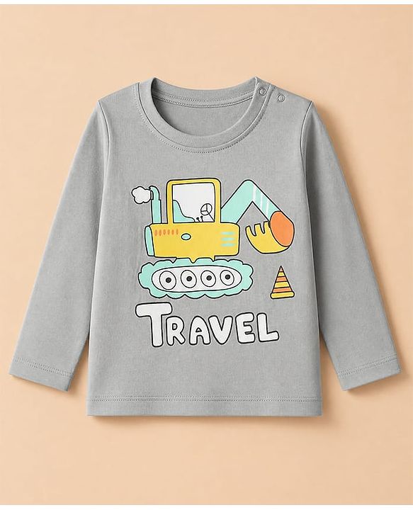 Babyhug 100% Cotton Knit Full Sleeves T-Shirt & Pyjama Night Suit with Construction Vehicle Print - Grey