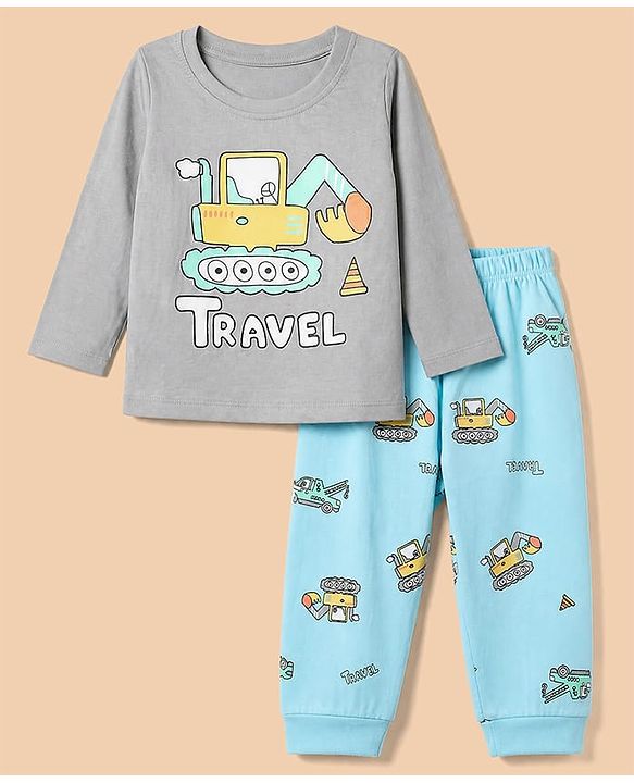 Babyhug 100% Cotton Knit Full Sleeves T-Shirt & Pyjama Night Suit with Construction Vehicle Print - Grey