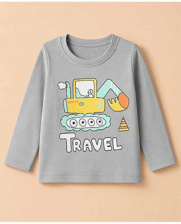 Babyhug 100% Cotton Knit Full Sleeves T-Shirt & Pyjama Night Suit with Construction Vehicle Print - Grey