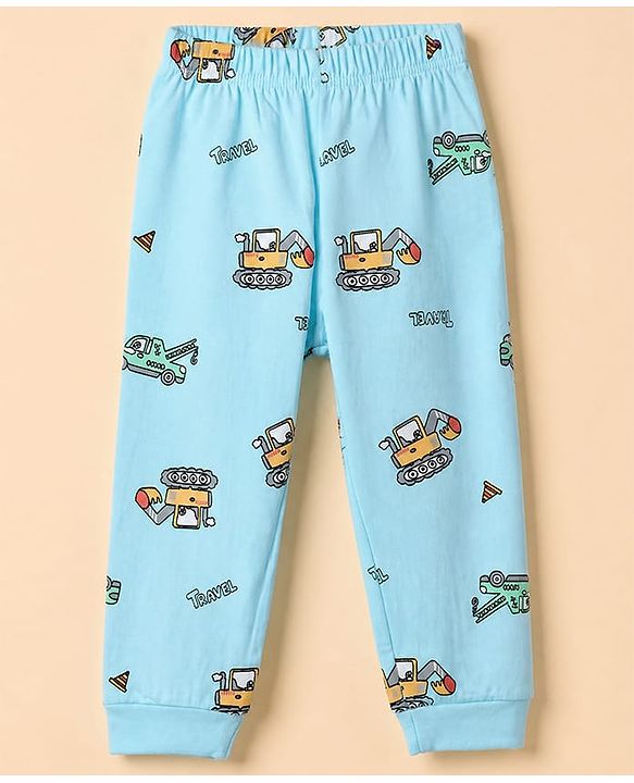 Babyhug 100% Cotton Knit Full Sleeves T-Shirt & Pyjama Night Suit with Construction Vehicle Print - Grey