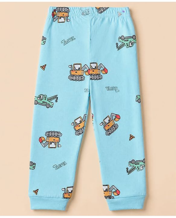 Babyhug 100% Cotton Knit Full Sleeves T-Shirt & Pyjama Night Suit with Construction Vehicle Print - Grey