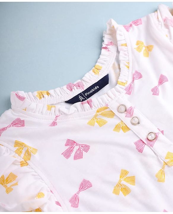 Pine Kids 100% Cotton Knit Full Sleeves Fit & Flare Tiered One Piece Dress with Frill Details & Bow Print - White