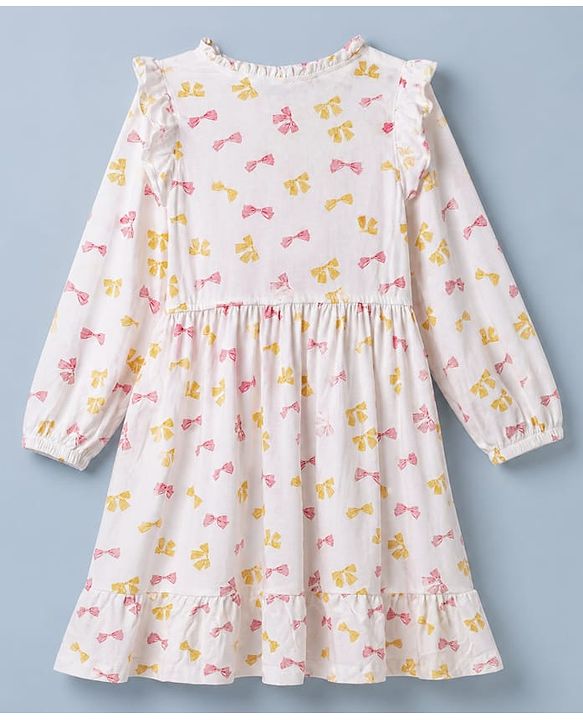 Pine Kids 100% Cotton Knit Full Sleeves Fit & Flare Tiered One Piece Dress with Frill Details & Bow Print - White