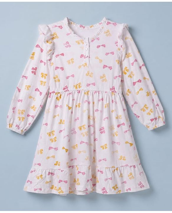 Pine Kids 100% Cotton Knit Full Sleeves Fit & Flare Tiered One Piece Dress with Frill Details & Bow Print - White