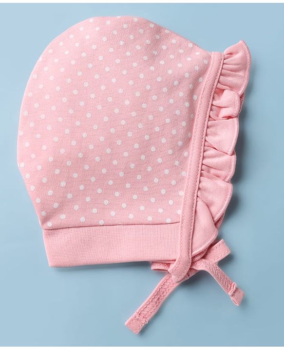 Babyhug 100% Cotton Interlock Knit Baby Caps With Cherry Print In Pink - Diameter 13.5 cm