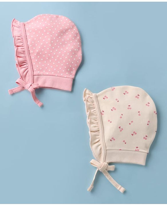 Babyhug 100% Cotton Interlock Knit Baby Caps With Cherry Print In Pink - Diameter 13.5 cm