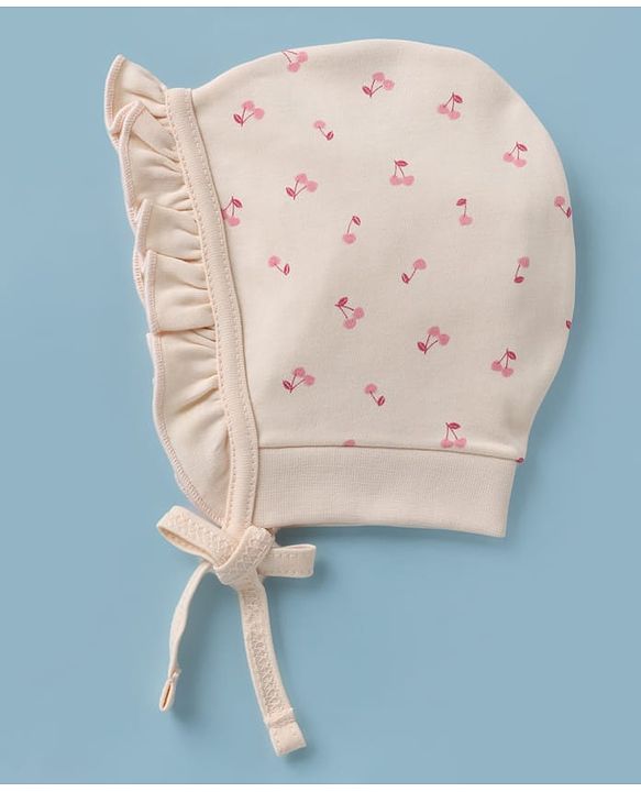 Babyhug 100% Cotton Interlock Knit Baby Caps With Cherry Print In Pink - Diameter 13.5 cm