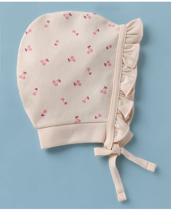 Babyhug 100% Cotton Interlock Knit Baby Caps With Cherry Print In Pink - Diameter 13.5 cm