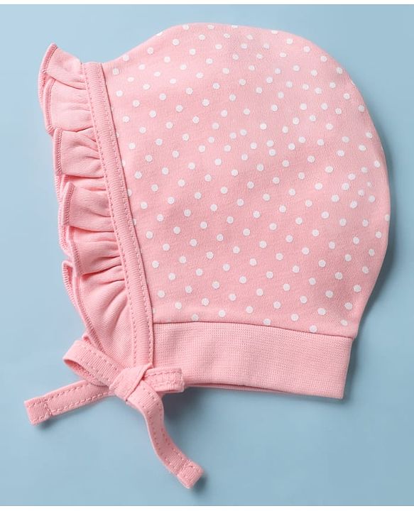 Babyhug 100% Cotton Interlock Knit Baby Caps With Cherry Print In Pink - Diameter 13.5 cm