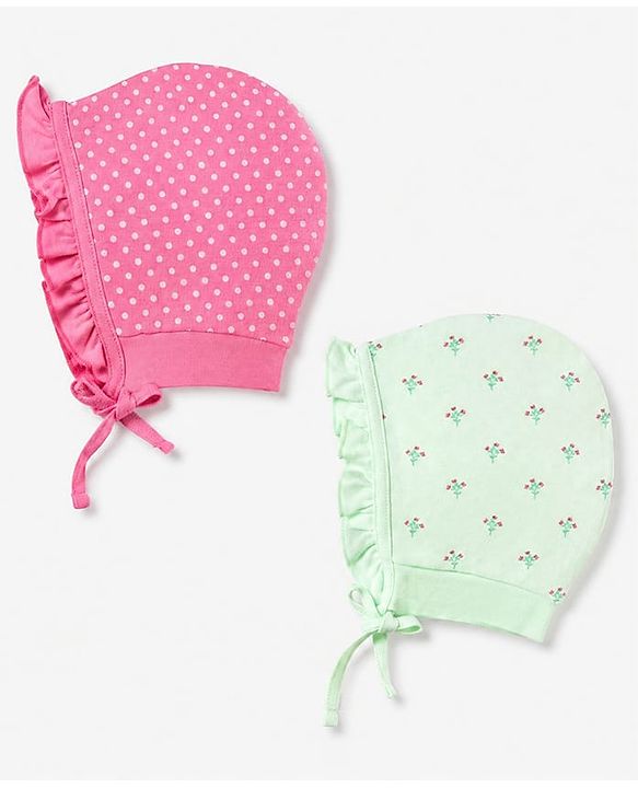Babyhug 100% Cotton Interlock Knit Baby Caps with Polka Dots & Floral Print in Pink & Green Pack of 2 - Diameter 9 cm