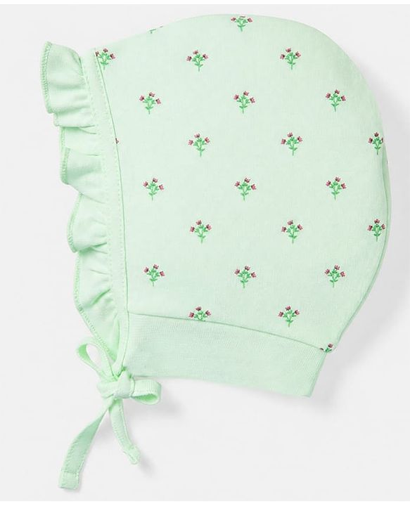 Babyhug 100% Cotton Interlock Knit Baby Caps with Polka Dots & Floral Print in Pink & Green Pack of 2 - Diameter 9 cm
