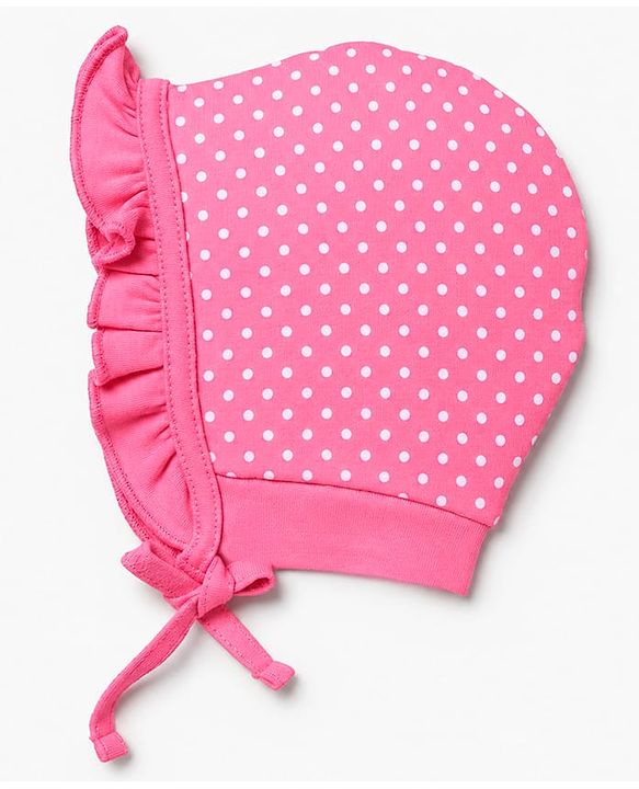 Babyhug 100% Cotton Interlock Knit Baby Caps with Polka Dots & Floral Print in Pink & Green Pack of 2 - Diameter 9 cm