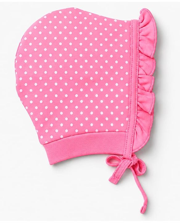 Babyhug 100% Cotton Interlock Knit Baby Caps with Polka Dots & Floral Print in Pink & Green Pack of 2 - Diameter 9 cm