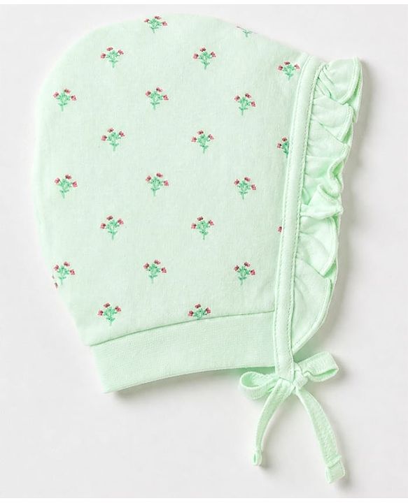 Babyhug 100% Cotton Interlock Knit Baby Caps with Polka Dots & Floral Print in Pink & Green Pack of 2 - Diameter 9 cm