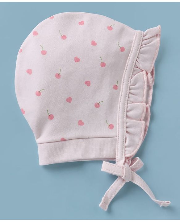Babyhug 100% Cotton Interlock Knit Baby Caps With Apple Print In Pink - Diameter 13 cm