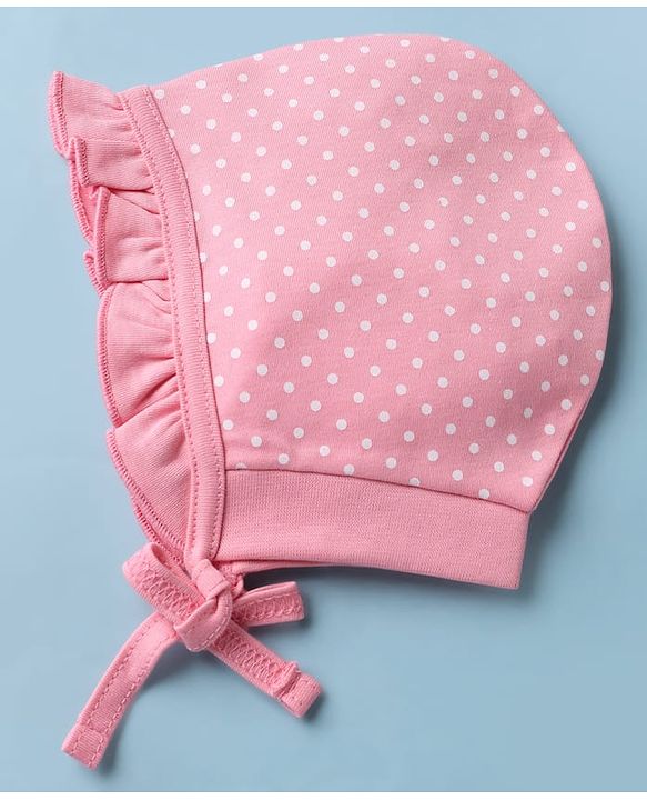Babyhug 100% Cotton Interlock Knit Baby Caps With Apple Print In Pink - Diameter 13 cm