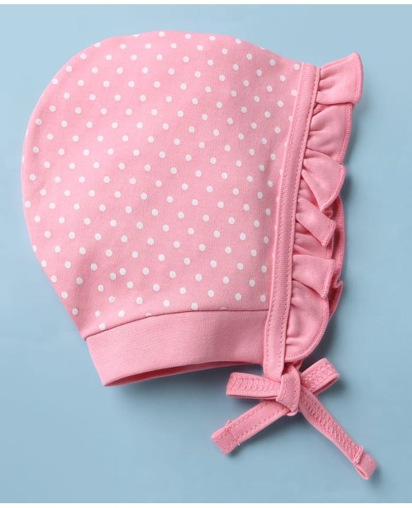Babyhug 100% Cotton Interlock Knit Baby Caps With Apple Print In Pink - Diameter 13 cm
