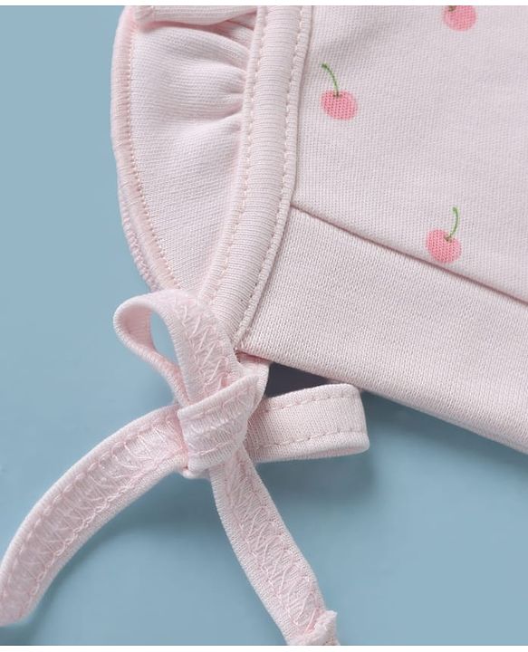 Babyhug 100% Cotton Interlock Knit Baby Caps With Apple Print In Pink - Diameter 13 cm
