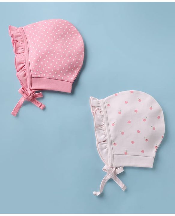 Babyhug 100% Cotton Interlock Knit Baby Caps With Apple Print In Pink - Diameter 13 cm