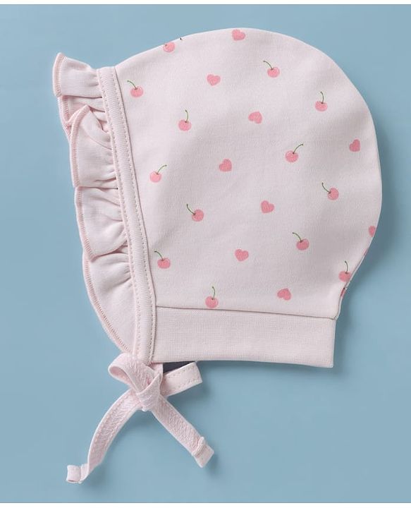 Babyhug 100% Cotton Interlock Knit Baby Caps With Apple Print In Pink - Diameter 13 cm