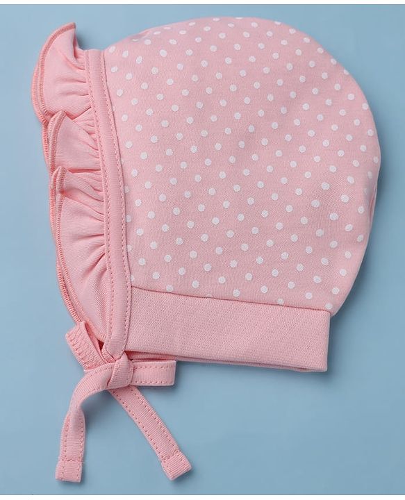 Babyhug 100% Cotton Interlock Knit Polka Dots & Floral Printed Cap Pack of 2 White - Diameter 7.5 cm