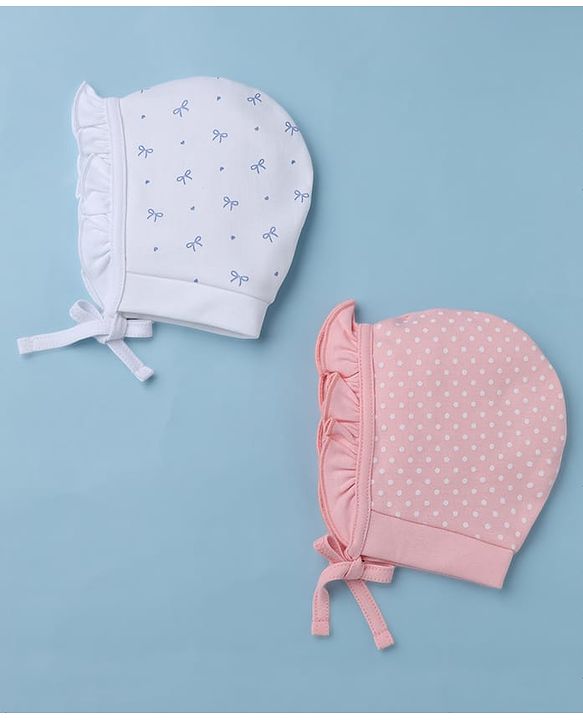 Babyhug 100% Cotton Interlock Knit Polka Dots & Floral Printed Cap Pack of 2 White - Diameter 7.5 cm