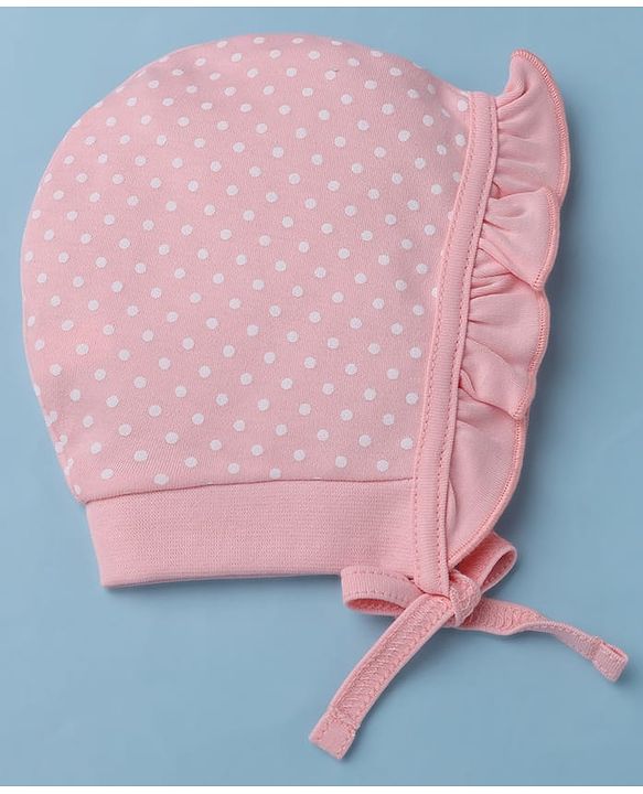 Babyhug 100% Cotton Interlock Knit Polka Dots & Floral Printed Cap Pack of 2 White - Diameter 7.5 cm