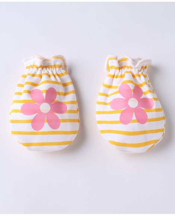 Babyhug 100% Cotton Interlock Knit Mittens & Booties With Floral Print - Yellow Pink