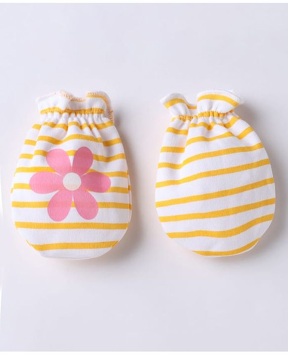 Babyhug 100% Cotton Interlock Knit Mittens & Booties With Floral Print - Yellow Pink