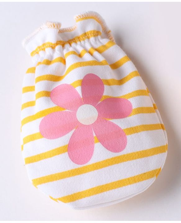 Babyhug 100% Cotton Interlock Knit Mittens & Booties With Floral Print - Yellow Pink