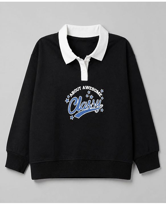 Pine Kids Cotton Knit Full Sleeves Sweatshirts with Classy Text Print - Black