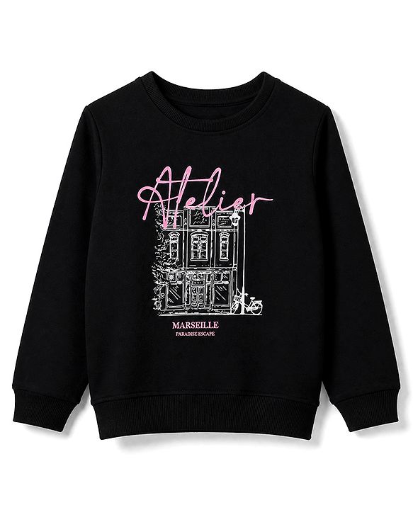Pine Kids Cotton Knit Sweatshirt with Full Sleeves and Building and Bicycle Print in Black