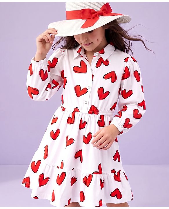 Pine Kids Cotton Knit Full Sleeves Knee Length Frock With Heart Print - White