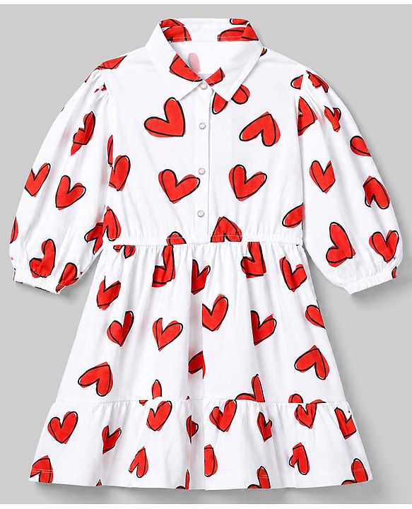 Pine Kids Cotton Knit Full Sleeves Knee Length Frock With Heart Print - White