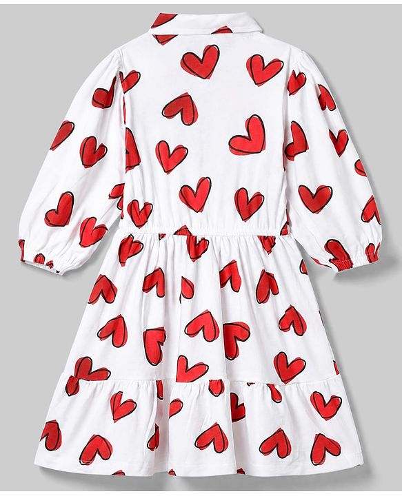 Pine Kids Cotton Knit Full Sleeves Knee Length Frock With Heart Print - White