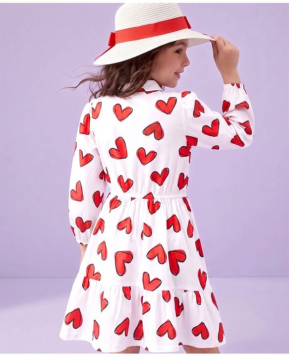 Pine Kids Cotton Knit Full Sleeves Knee Length Frock With Heart Print - White