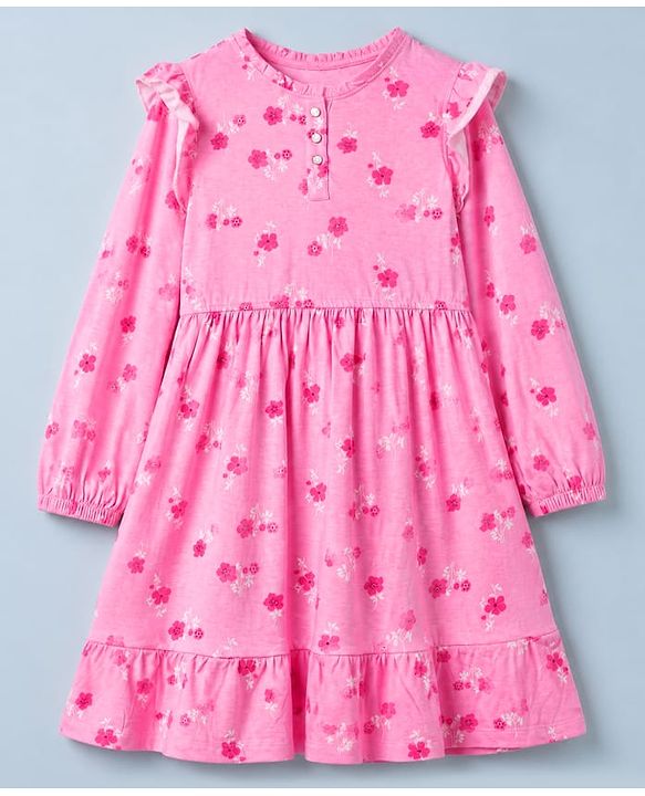 Pine Kids 100% Cotton Knit Dress with Full Sleeves and Floral Print in Pink for 4-5 Years