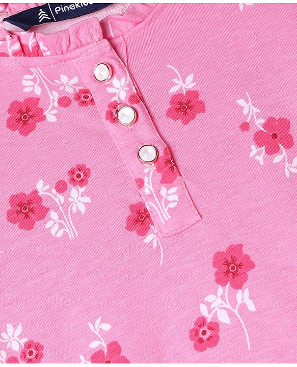Pine Kids 100% Cotton Knit Dress with Full Sleeves and Floral Print in Pink for 4-5 Years