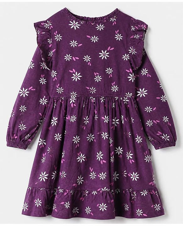 Pine Kids 100% Cotton Knit Knee length Frock with Full Sleeves and Floral Print in Plum