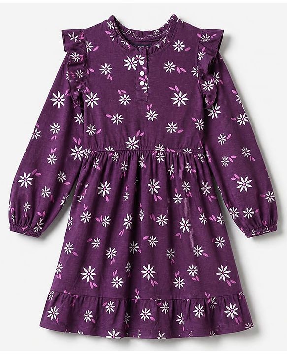 Pine Kids 100% Cotton Knit Knee length Frock with Full Sleeves and Floral Print in Plum