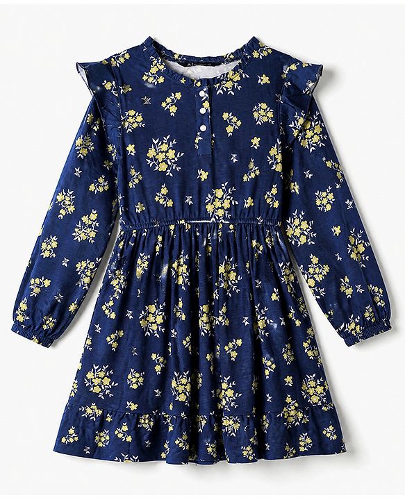 Pine Kids 100% Cotton Knit Full Sleeves Frock with Floral Print in Navy Blue