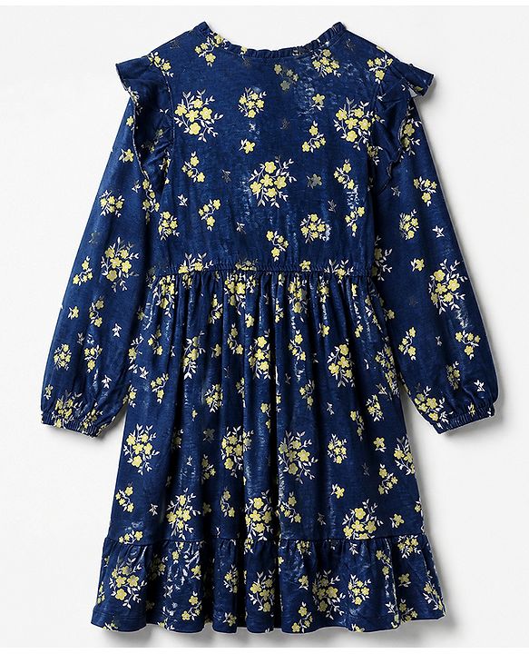 Pine Kids 100% Cotton Knit Full Sleeves Frock with Floral Print in Navy Blue