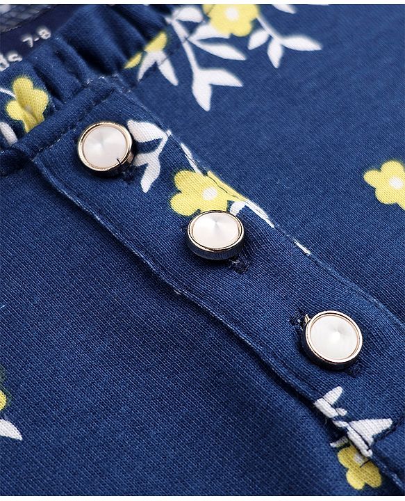 Pine Kids 100% Cotton Knit Full Sleeves Frock with Floral Print in Navy Blue