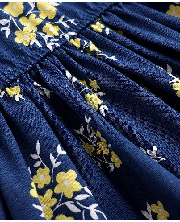 Pine Kids 100% Cotton Knit Full Sleeves Frock with Floral Print in Navy Blue