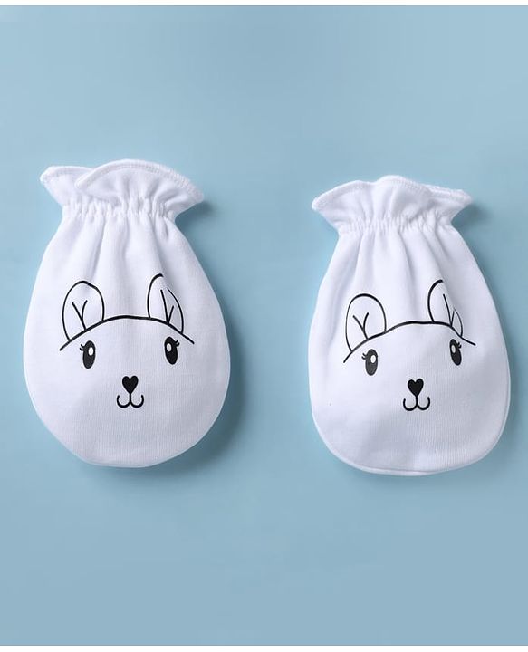Babyhug 100% Cotton Interlock Knit Mittens & Booties with Bunny Print - Off White