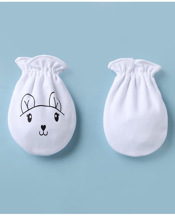 Babyhug 100% Cotton Interlock Knit Mittens & Booties with Bunny Print - Off White