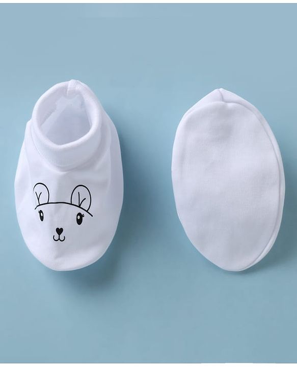 Babyhug 100% Cotton Interlock Knit Mittens & Booties with Bunny Print - Off White