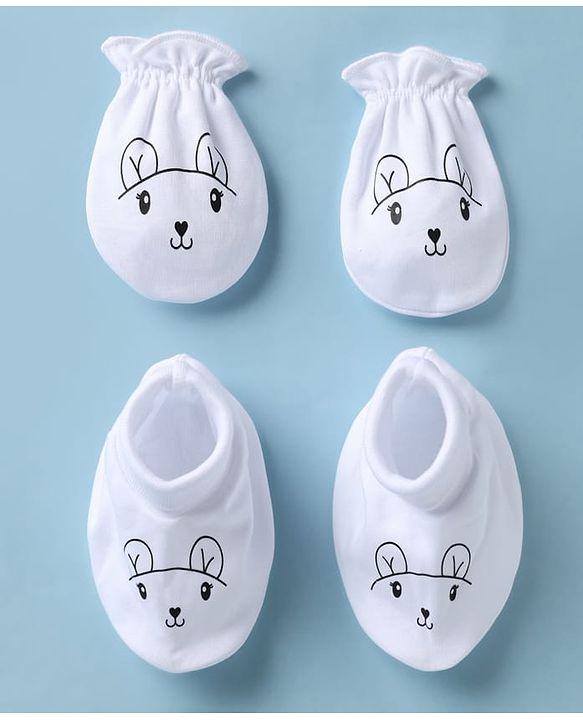 Babyhug 100% Cotton Interlock Knit Mittens & Booties with Bunny Print - Off White